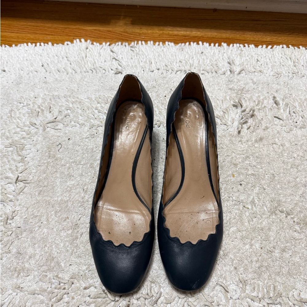 Chloe Elegant Navy Blue Scalloped Leather Heels